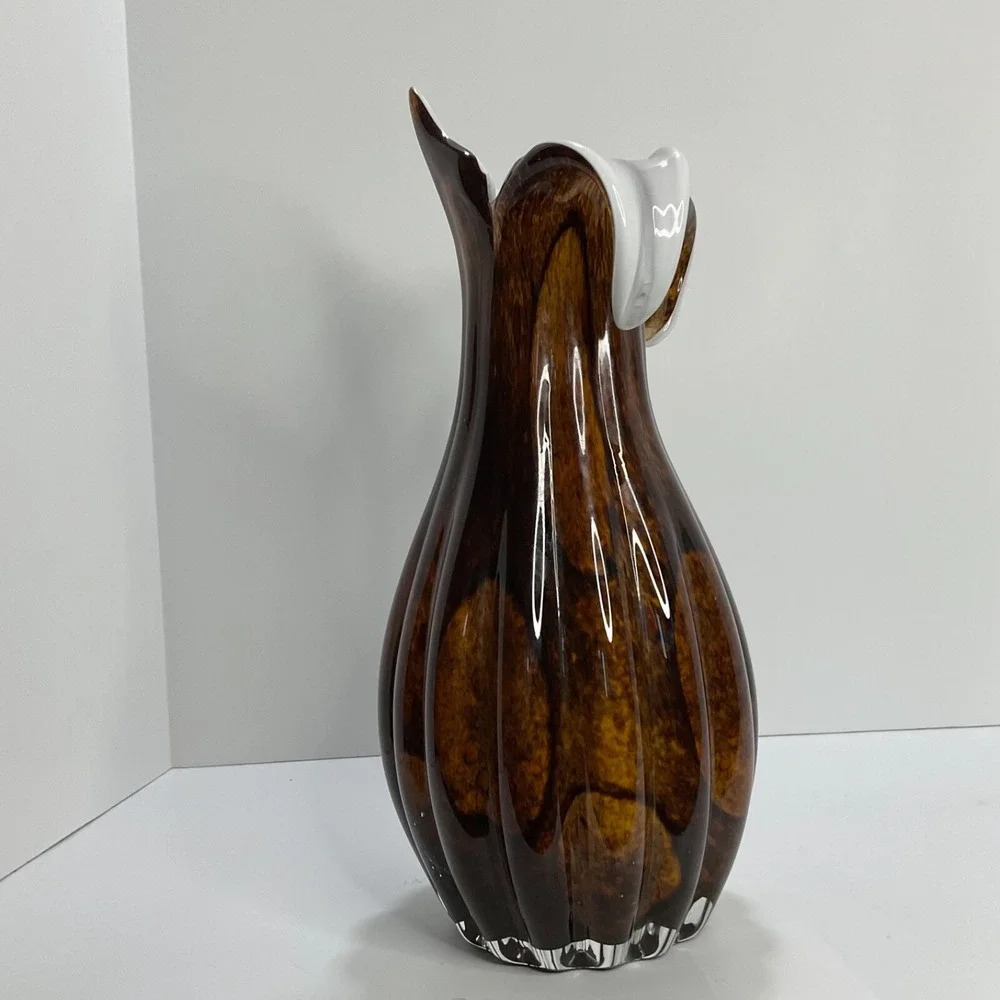 Handblown Vintage Tulip Vase Tiger‎ Eye Brown Fluted White Contrast Home Decor